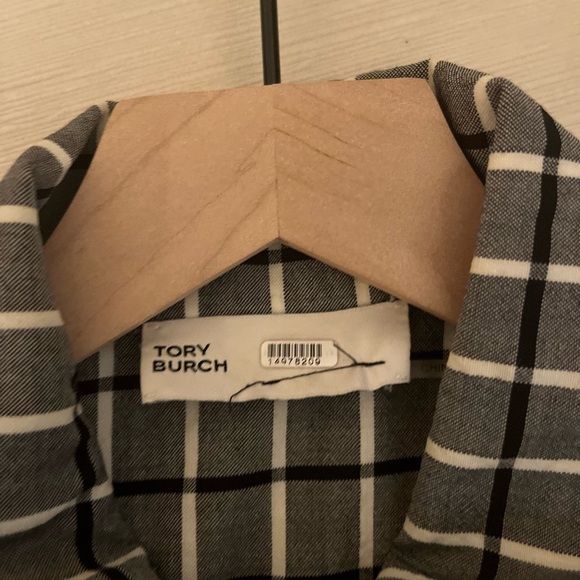 Tory Burch Top - Women's 4 Gray - Plaid Button Down Asymmetric Wrap Grey - Picture 4 of 16